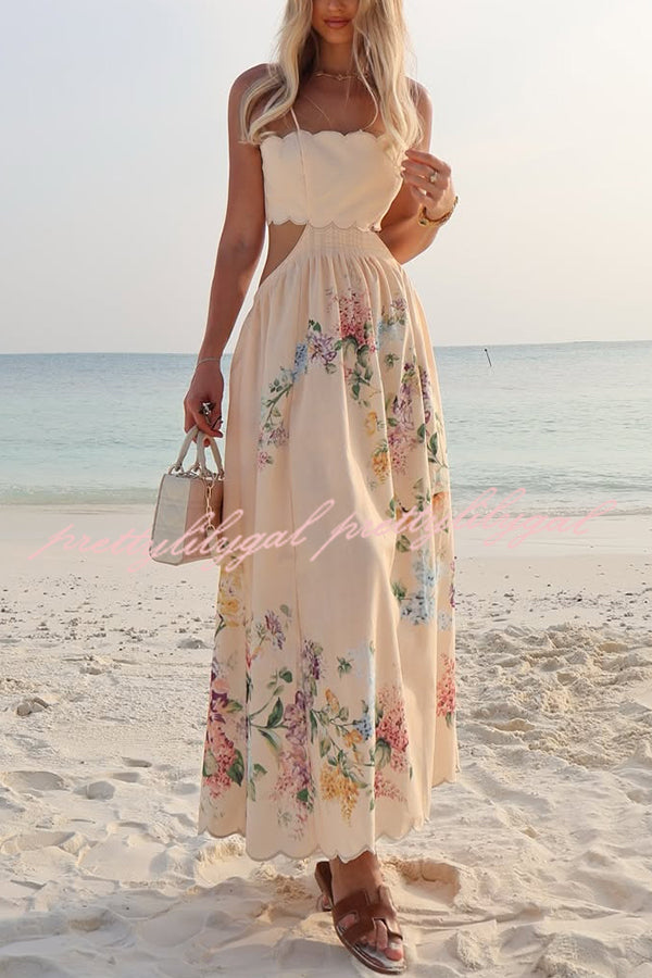 Cabo Sunsets Floral Print Petal Trim Back Lace-up Midi Dress