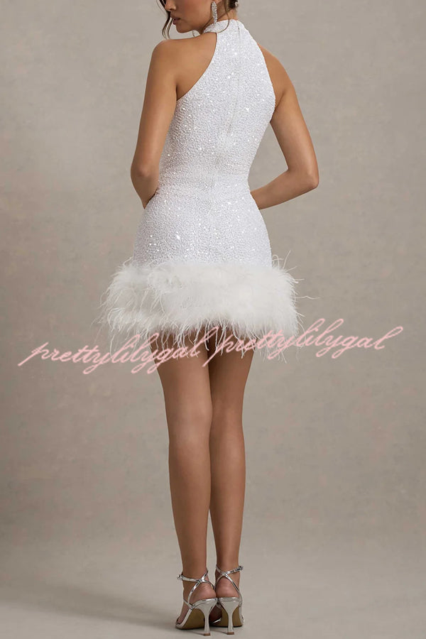 Dazzling and Playful Sequin High Neck Feather Trim Stretch Mini Dress