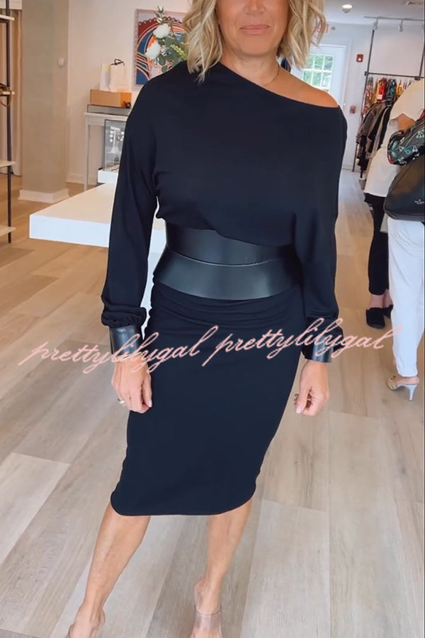 Winston Faux Leather Patchwork Wide Belt Design One Shoulder Stretch Midi Dress