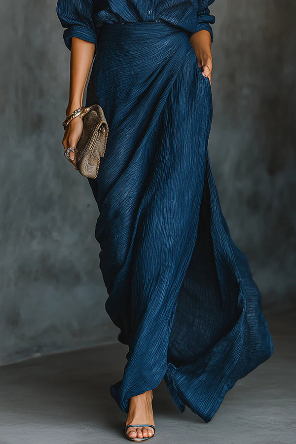 Solid Color Loose-fitting Collared Long-sleeved Shirt and Elegant Pleated Maxi Skirt Set