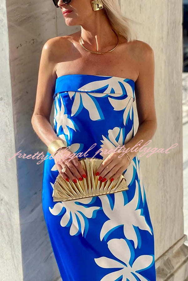 Fashion Vacation Satin Unique Print Off Shoulder Maxi Dress
