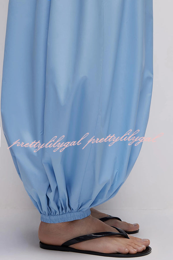 Solid Color Casual Pocket Elastic Waist Lantern Wide Leg Pants
