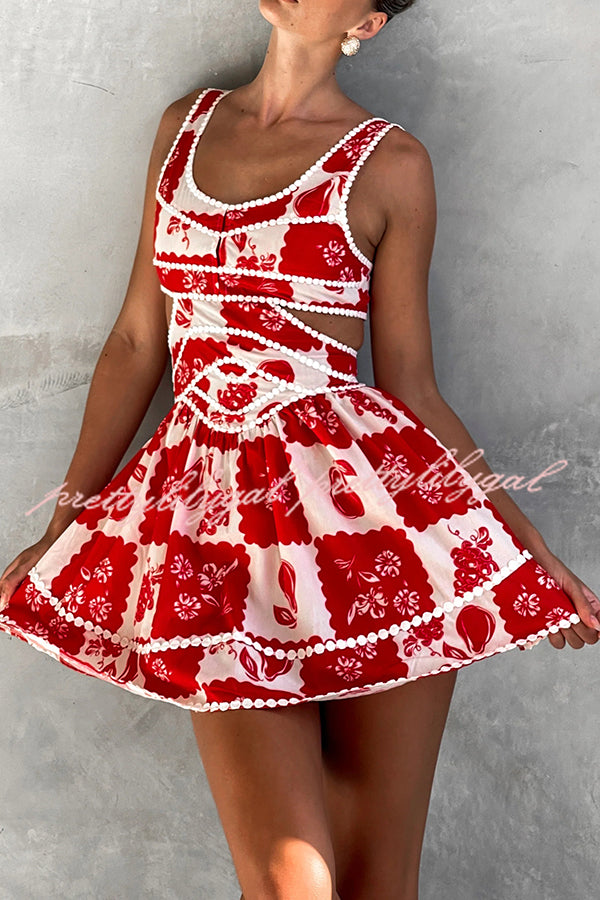 Holiday Colors Ric Rac Trims Unique Print Cutout Round Neck Mini Dress