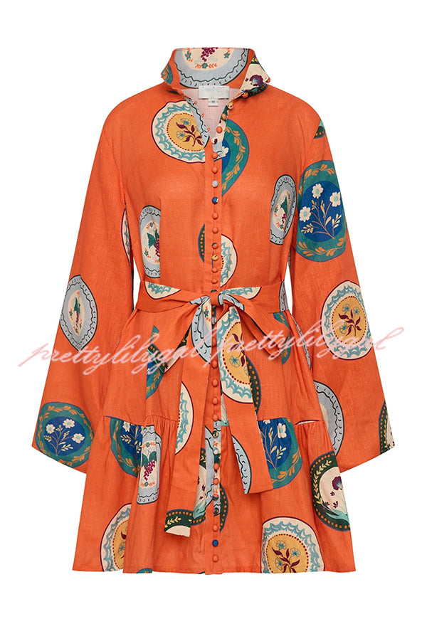 Linen Blend Unique Print Tie Waist Loose Mini Dress
