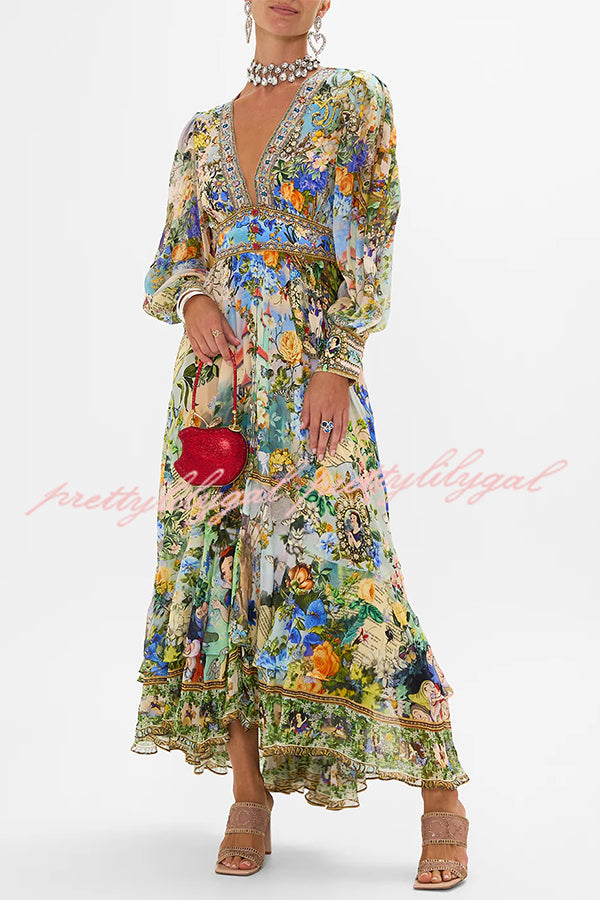 Fairy Tale Print V-Neck Lantern Sleeve Waist Maxi Dress