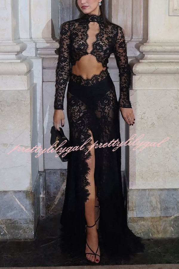 Dark Night Charm Sheer Lace Cutout Long Sleeve Stretch Maxi Dress