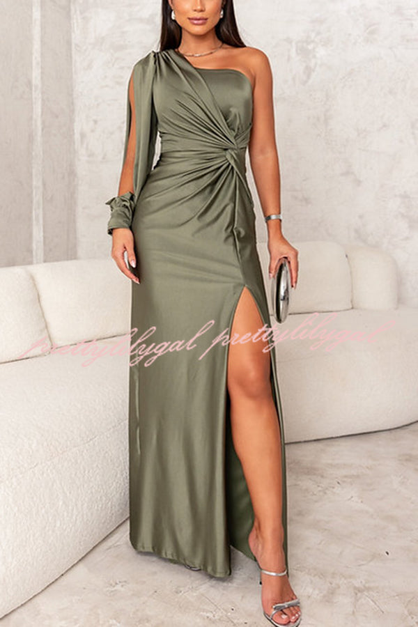 Country Party Charm Satin One Shoulder Twist Detail Slit Maxi Dress