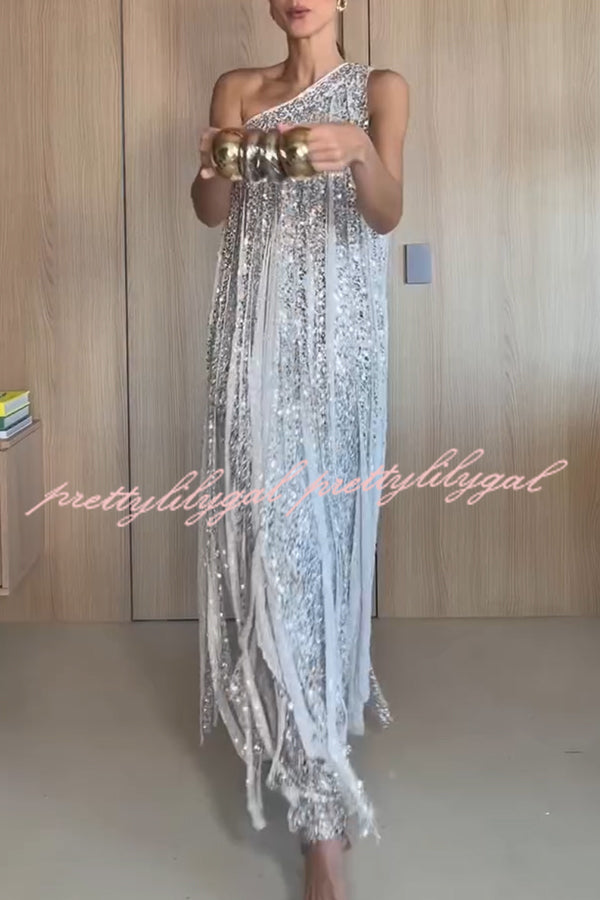 Holiday Muse Sequined Slit Tassels One Shoulder H-line Maxi Dress