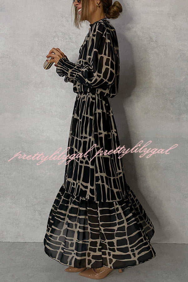 Unique Printed V-neck Tie-up Waist Long-sleeve Maxi Dress