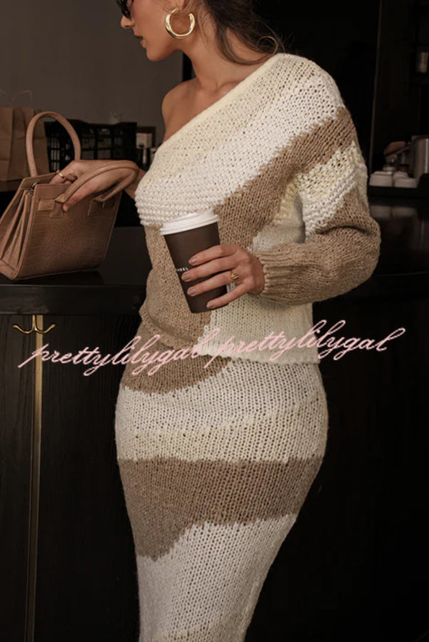 Soft Autumn Knit Colorblock One Shoulder Sleeve Ribbed Trim Loose Sweater