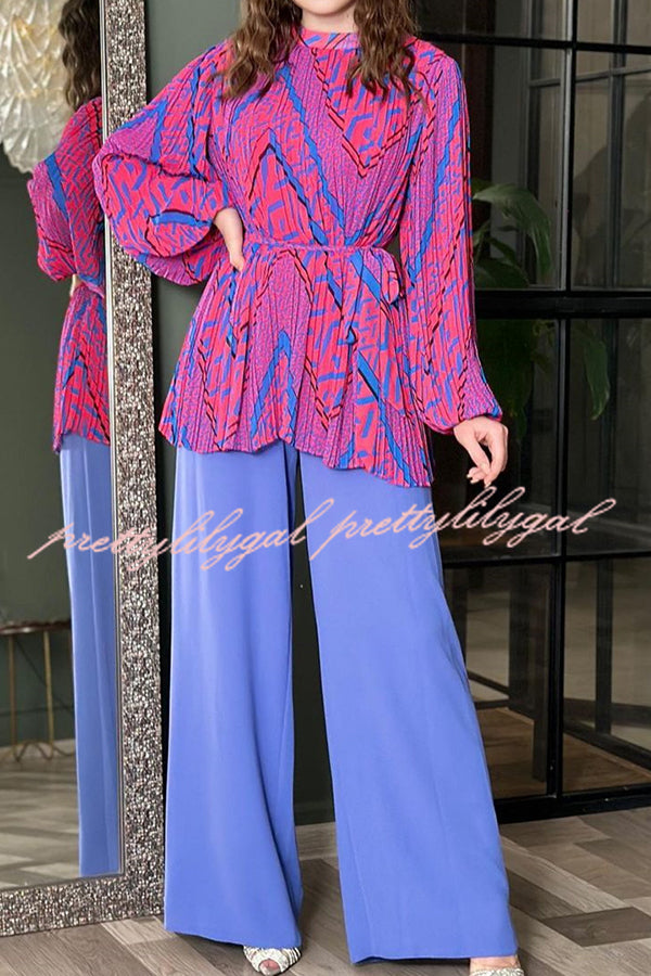 Unique Printed Puff Sleeve Pleated Loose Top and Casual Wide-leg Pants Set