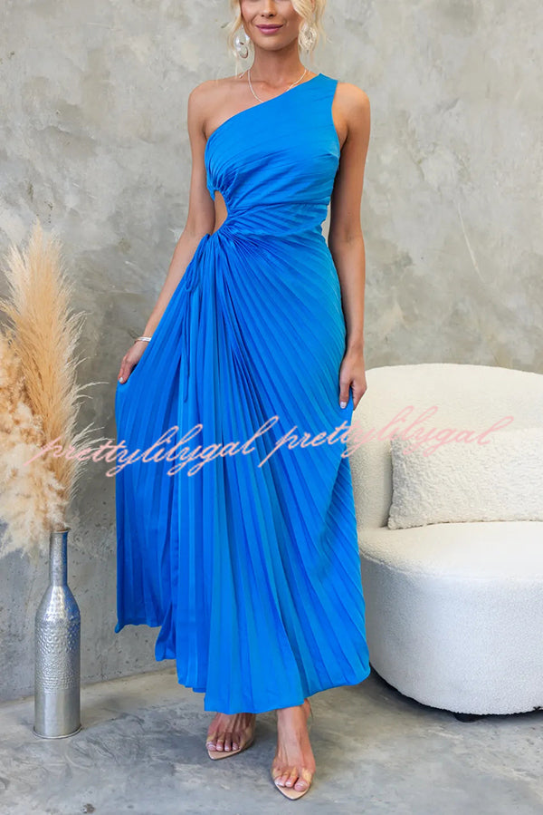 Charming One Shoulder Lace Up Cutout Pleated Maxi Dress