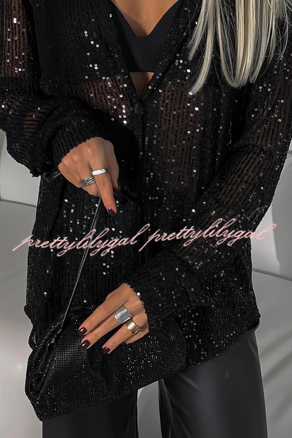 Fashion Sequin Lapel Long Sleeve Loose Shirt