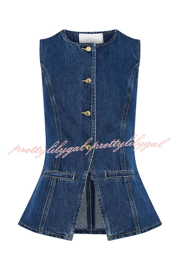 Abel Denim Button Up Princess Seams Pocket Vest Top