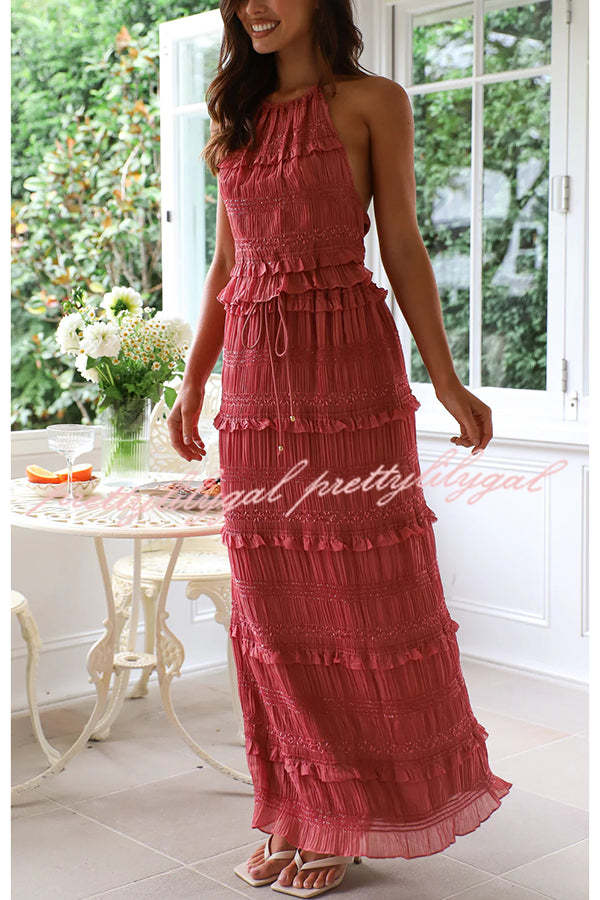 Feel Chic and Romantic Sequin Textured Material Back Elastic Halter Tie Tank and Drawstring Waist Tiered Maxi Skirt Set