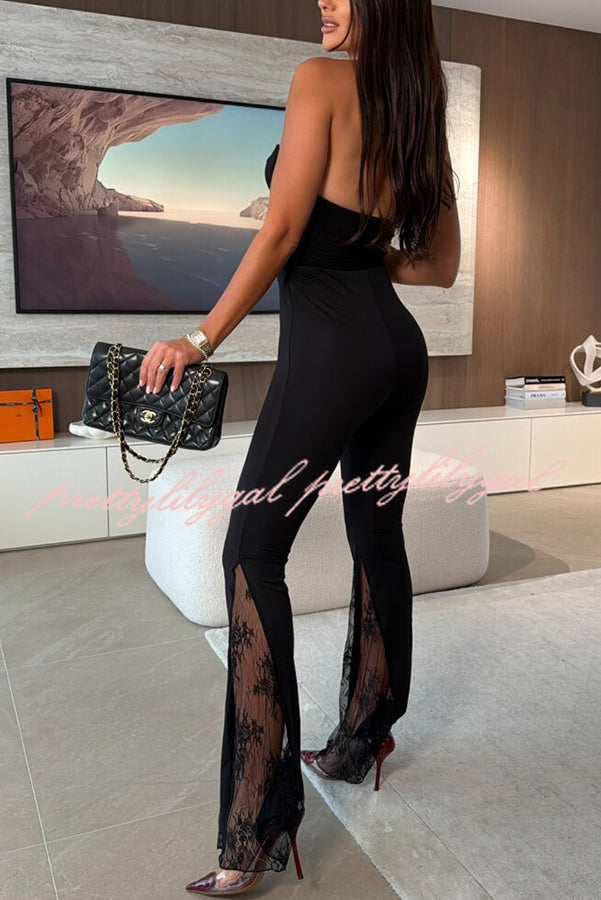 Dazzling Night High Waist Side Lace Hem Stretch Flare Pants