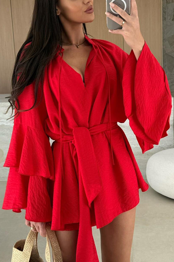 Solid Color V-neck Ruffled Long Sleeve Waist Tie Mini Dress