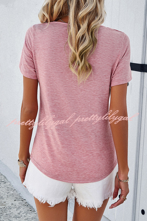 Casual Solid Color Short Sleeved V Neck Hollow T-Shirt