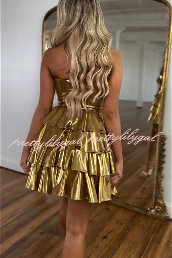 Like A Princess Metallic Fabric Off Shoulder Layered Rusffles Mini Dress