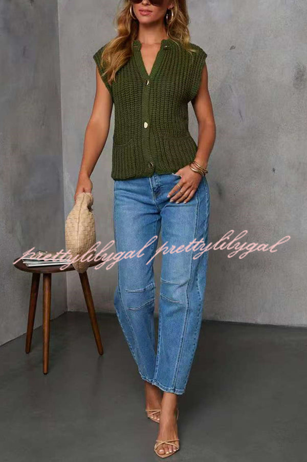 Solid Color Sleeveless Button Pocket Knit Vest