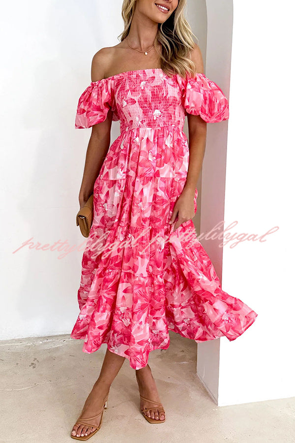 Petal Princess Unique Print Smocked Waist Puff Sleeve Midi Dress