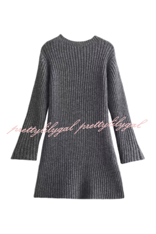 Beautiful Basic Ribbed Knit Long Slit Sleeve Flare Stretch Dress