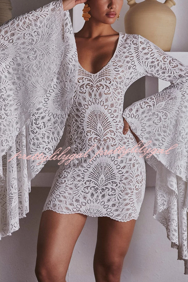 Coachella Time Unique Lace Pattern Oversized Bell Sleeve Stretch Mini Dress