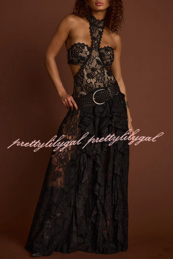 A Girls' Trip Lace High Neck Cutout Drop Waist Ruffles Maxi Dress