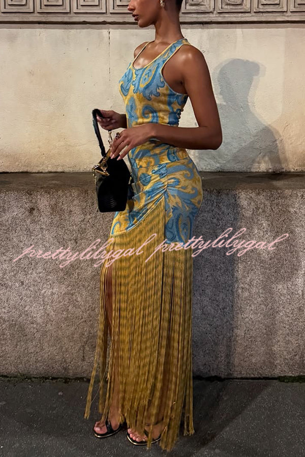 Unique Print Sleeveless Fitted Fringed Hem Maxi Dress