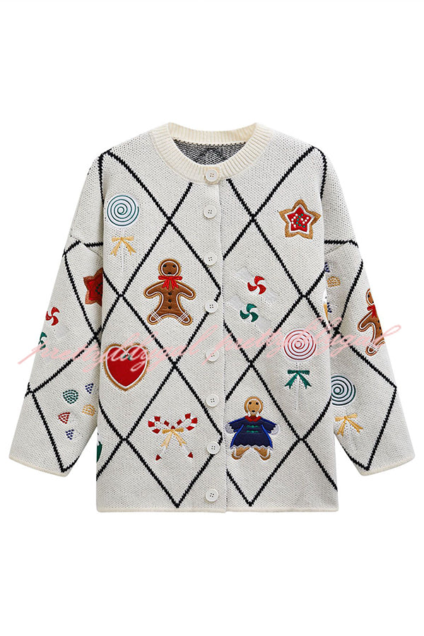 Argyle Candy Gingerbread Man Embroidered Button-knit Cardigan