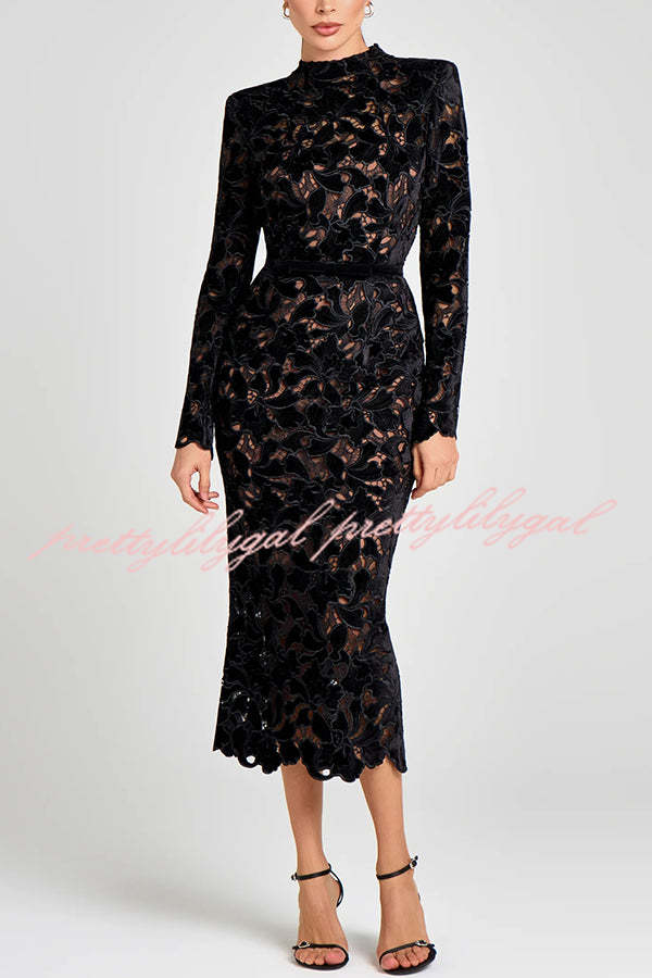 Diane Velvet Embroidered Floral Lace Long Sleeve Belt Scallop Edge Midi Dress