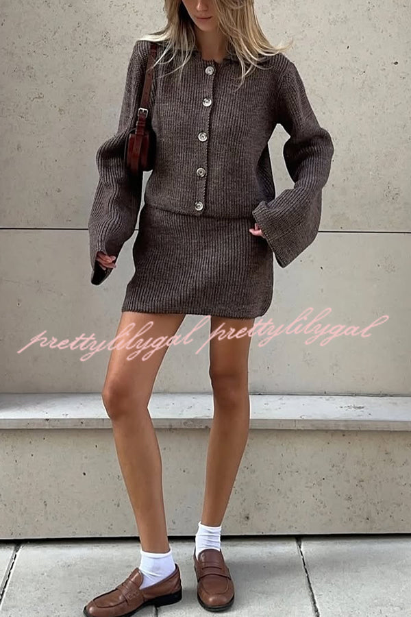 Fashion Lapel Bell Sleeve Knitted Cardigan and Casual Mini Skirt Set