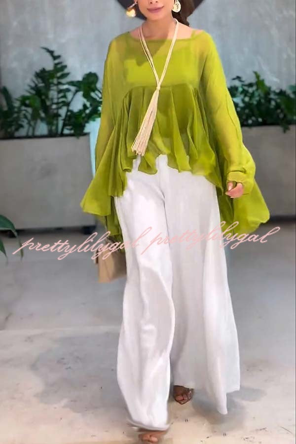 Romantic Journey Chiffon Ruffle Batwing Sleeve Top and Elastic Waist Pocket Loose Pants Set