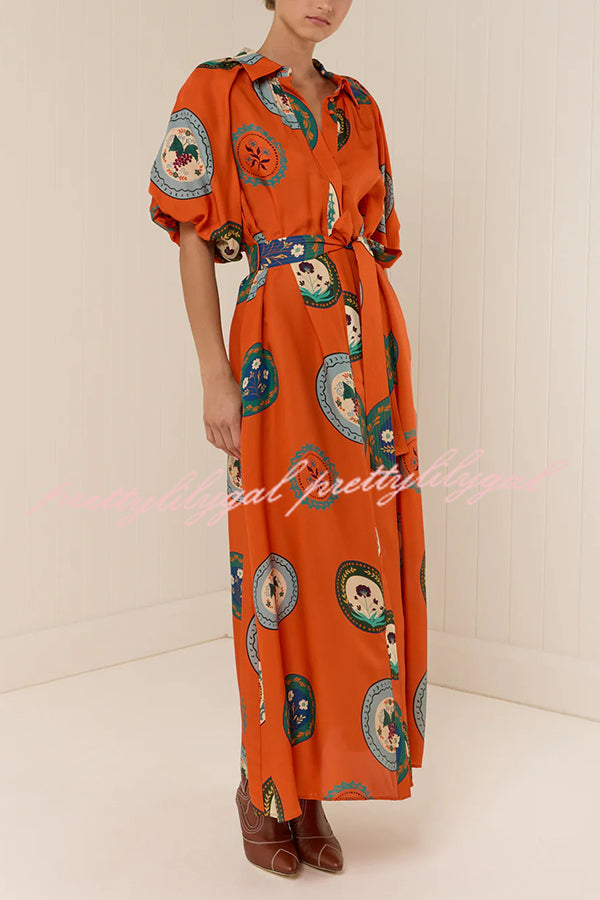 Linen Blend Unique Print Lapel Loose Tie Cardigan Maxi Dress
