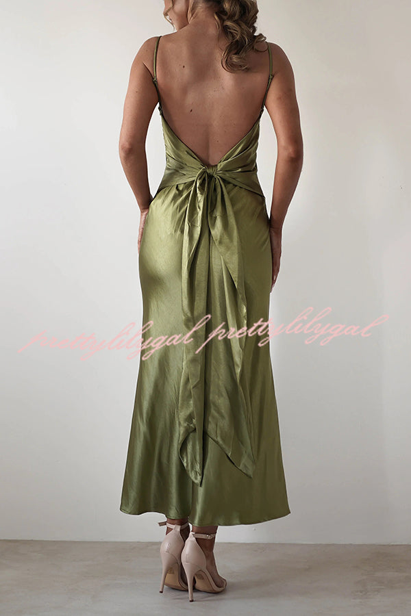 Satin Elegant Sling Backless Lace-Up Midi Dress