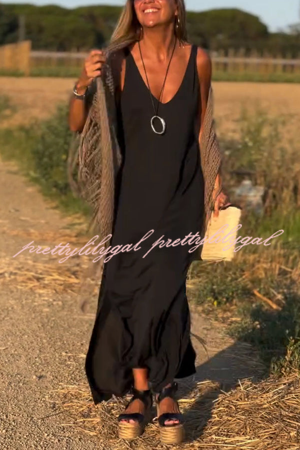 Solid Color V-neck Sleeveless Casual Loose Maxi Dress