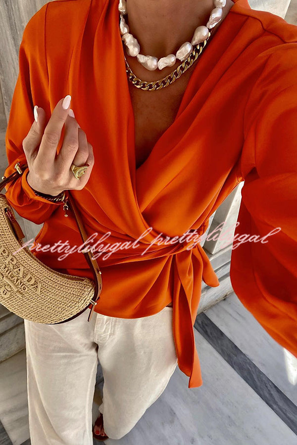 Satin Solid Color V-neck Tie Up Long Sleeve Loose Shirt