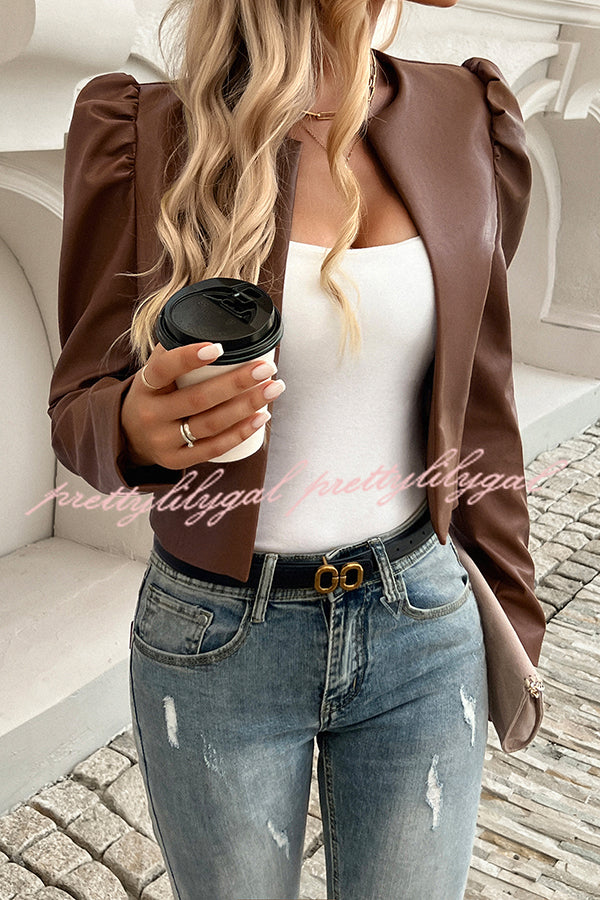 Yelissa Faux Leather Statement Long Sleeve Open Front Crop Jacket