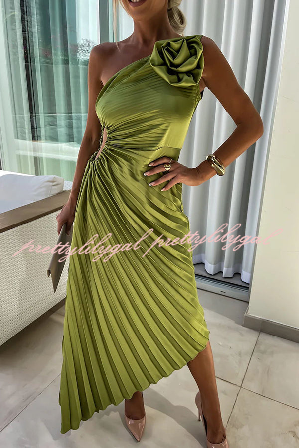 Romantic Nights Satin Raised Flower Elastic Cutout One Shoulder Pleated Maxi Dress