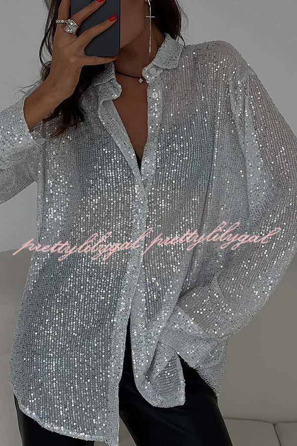 Fashion Sequin Lapel Long Sleeve Loose Shirt