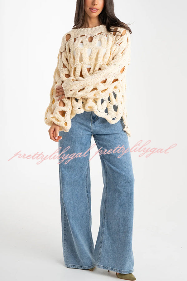 Solid Color Casual Hollow Long-sleeved Holiday Knitted Sweater