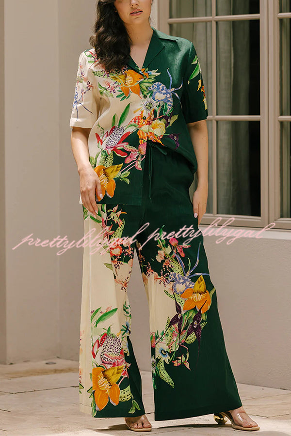 Island Linen Blend Unique Print Short Sleeve Loose Shirt and Elastic Waist Pocket Pants Set