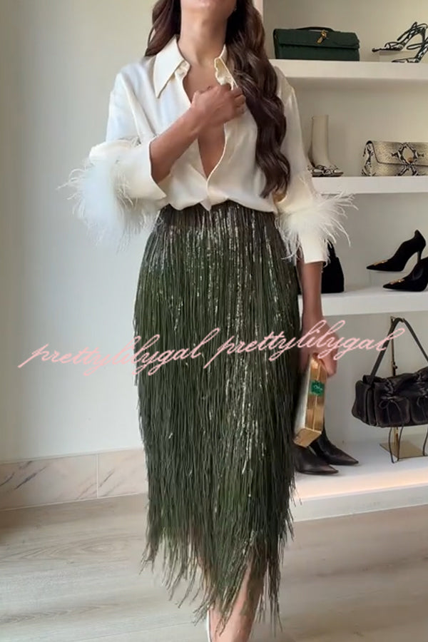 Party Crasher Layered Sequined Tassels High Rise Back Zipper Midi Skirt