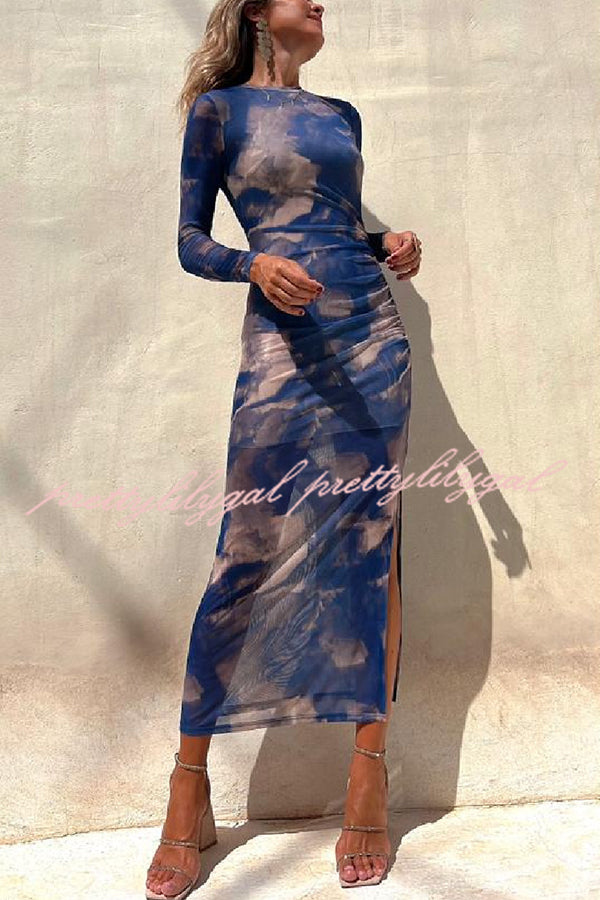 Charm Lady Mesh Overlay Tie Dye Print Long Sleeve Ruched Stretch Midi Dress