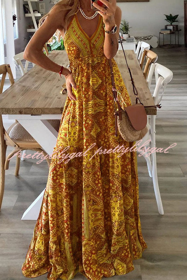 Celeste Boho Printed Strap Elastic Waist Maxi Dresses