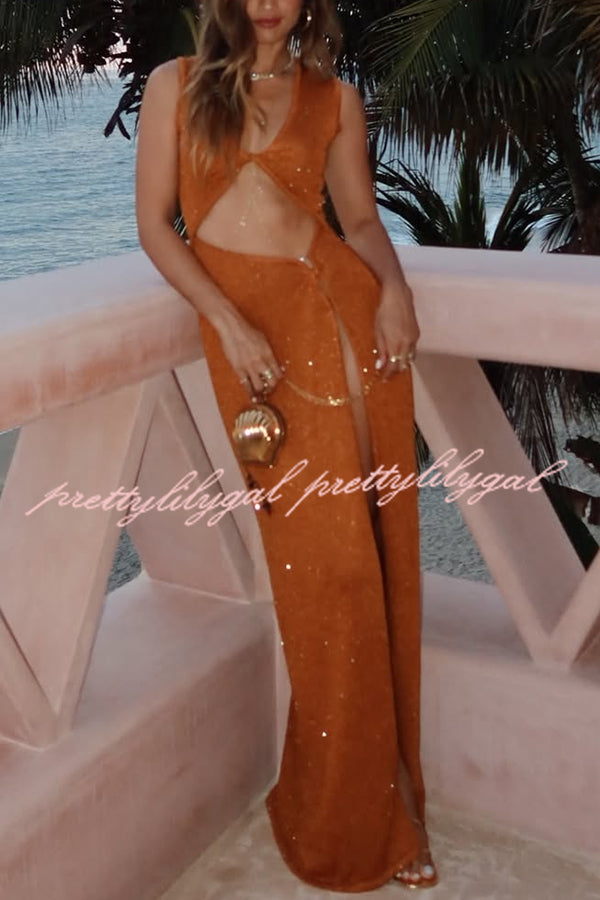 Beautiful Figure Shiny Knit Fabric Cutout Side Slit Stretch Vacation Maxi Dress