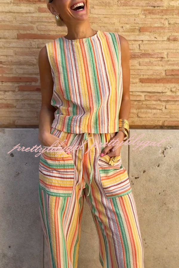 Tylah Linen Blend Colorful Striped Back Button Vest and Elastic Waist Pocket Loose Pants Set