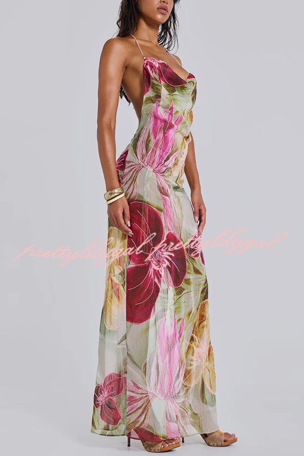 Floral Print Sexy Backless Slit See-Through Holiday Maxi Dress