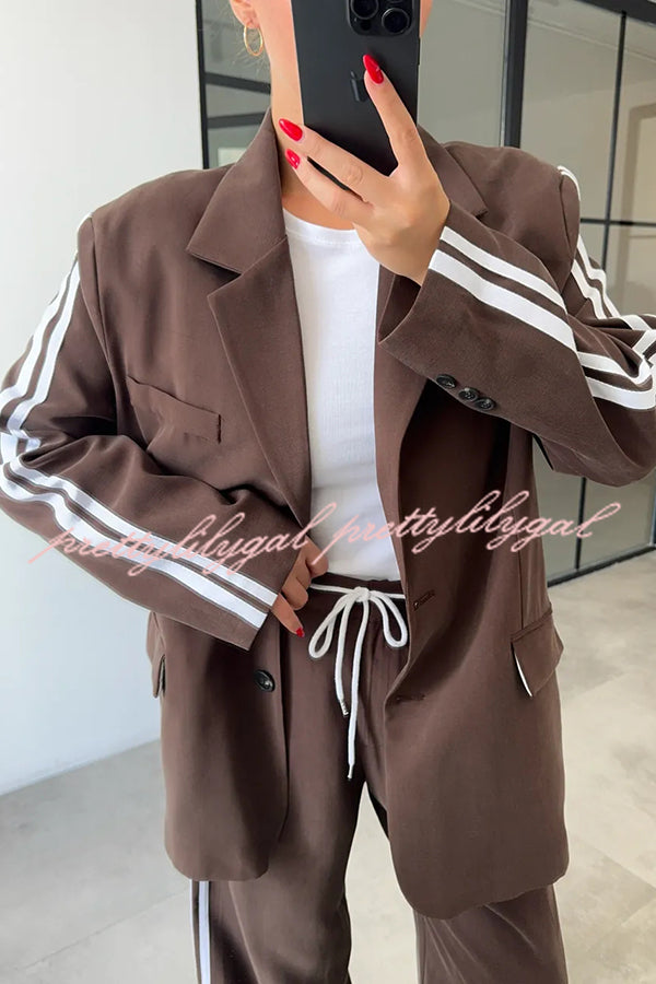 Levvie Striped Trim Long Sleeve Lapel Blazer and Rope Belt Pocketed Wide Leg Pants Set