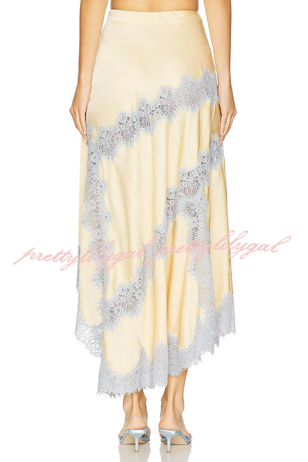 Wine Tasting Contrast Color Satin Lace Trim Irregular Hem Drape Midi Skirt